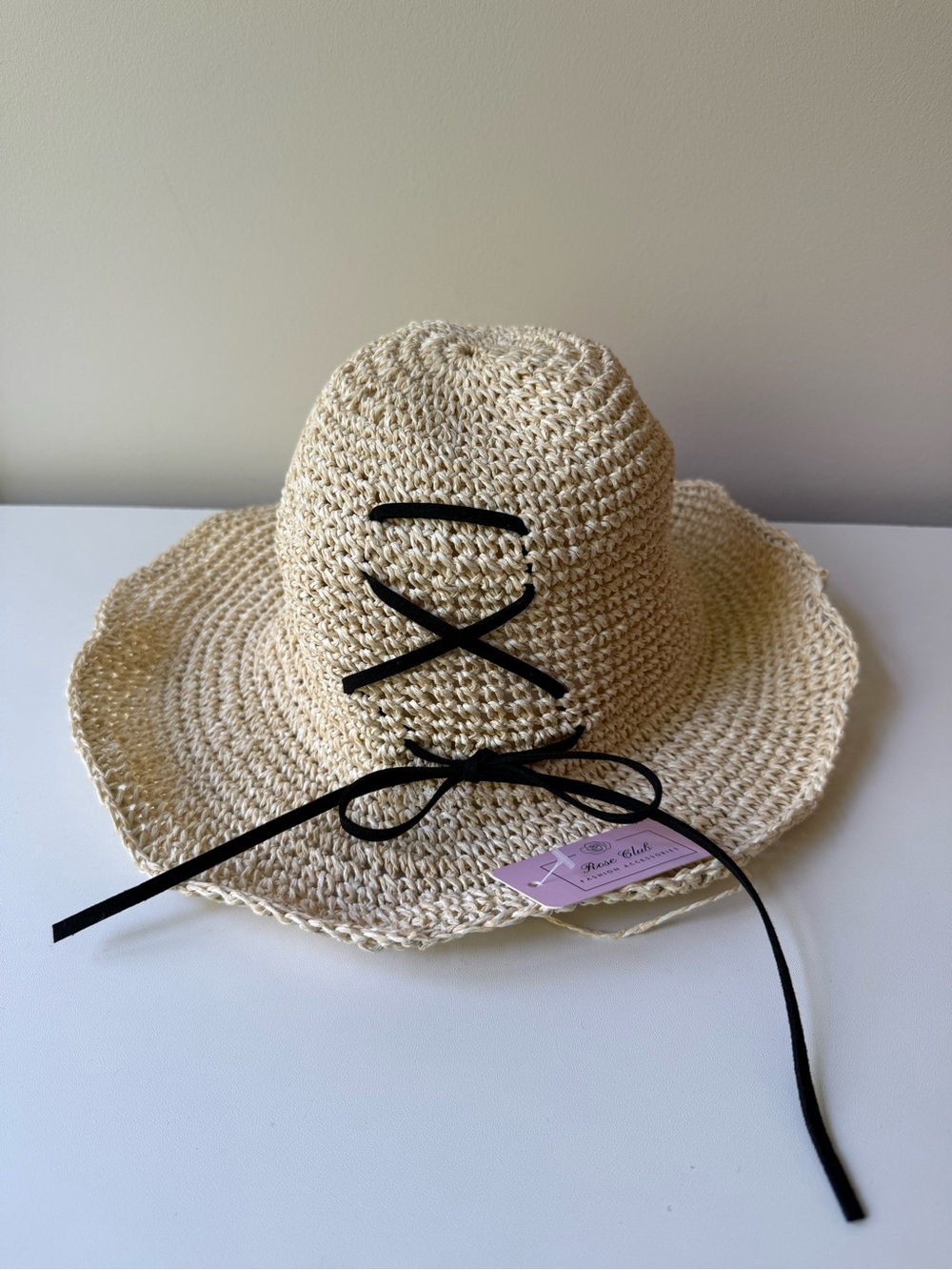 Woven Straw Sun Hat with Black Suede Tie